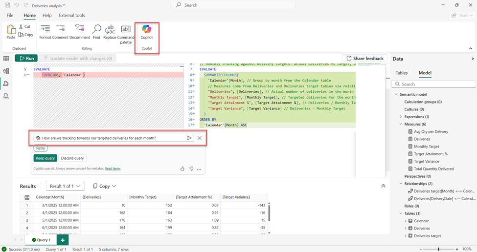 Copilot en vue requête DAX – capture Power BI Octobre 2025