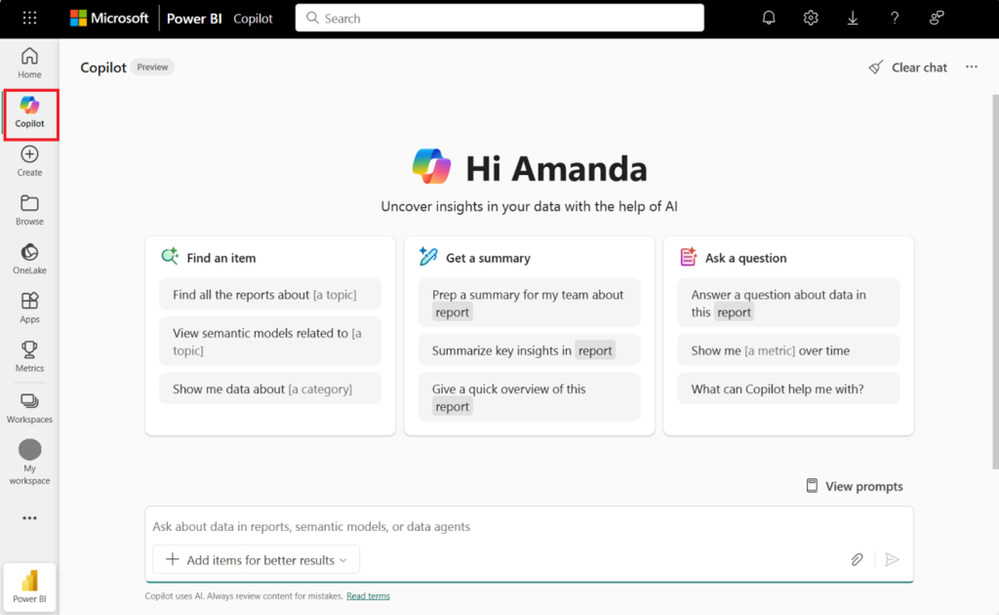 Copilot actif par défaut – capture Power BI Septembre 2025