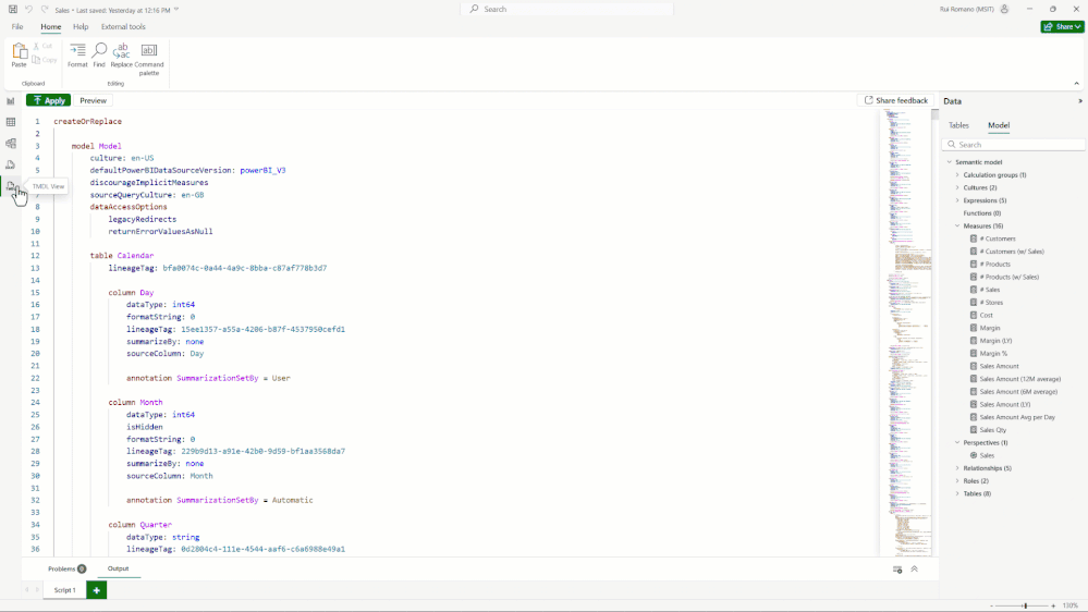 Vue TMDL en GA – capture Power BI Septembre 2025