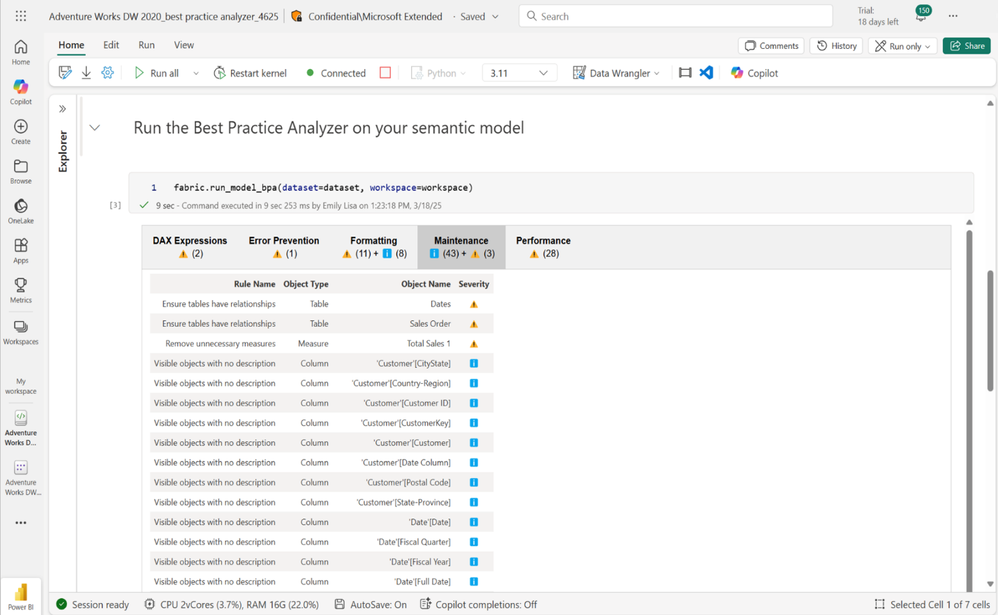 BPA & Memory Analyzer – capture Power BI Septembre 2025