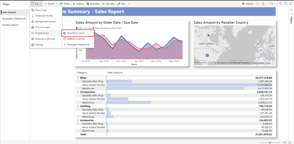 Copilot dans SharePoint – capture Power BI Août 2025