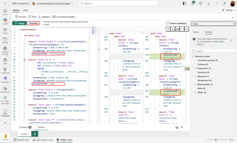 Vue TMDL sur le web – capture Power BI Mars 2026