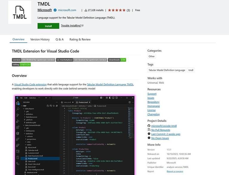 Extension TMDL VS Code – capture Power BI Novembre 2025