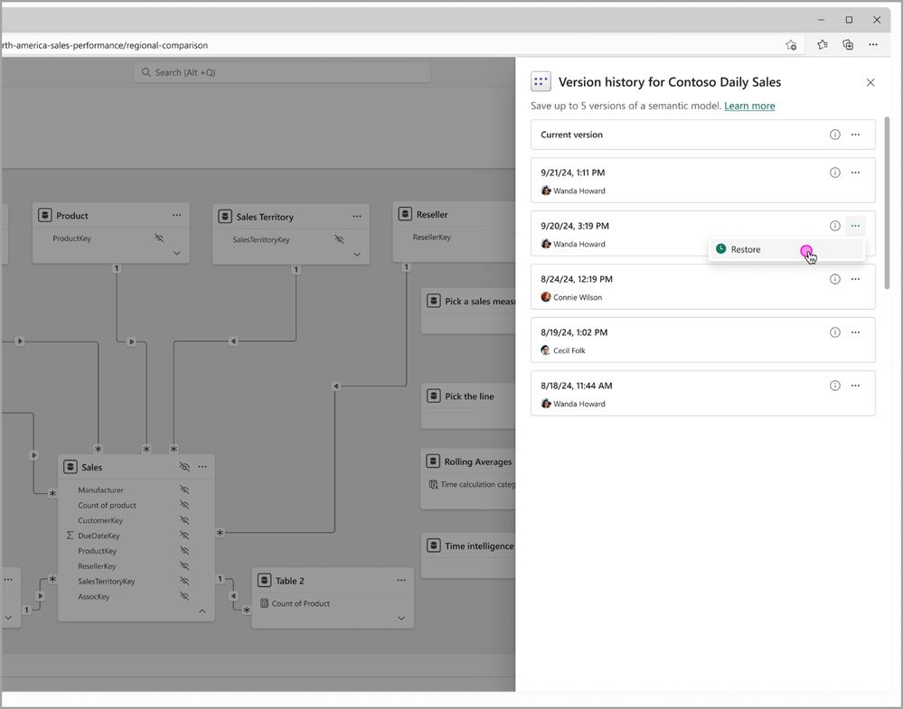 Historique des versions – capture Power BI Novembre 2025