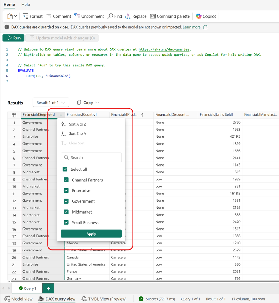 Vue requête DAX : tri – capture Power BI Juin 2026