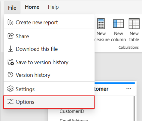 Options du modèle en ligne – capture Power BI Juillet 2026