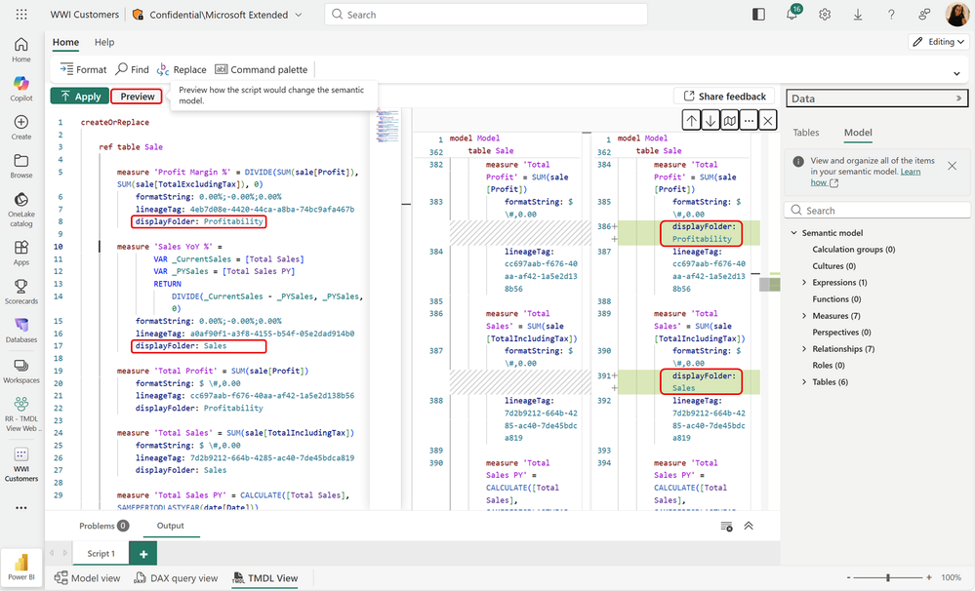 Vue TMDL sur le web – capture Power BI Juillet 2026